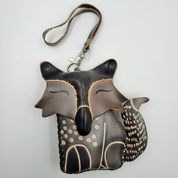 Handmade Leather Fox Wristlet Wallet Gray Minimalist Woodland Animal Coin Purse - Picture 9 of 10